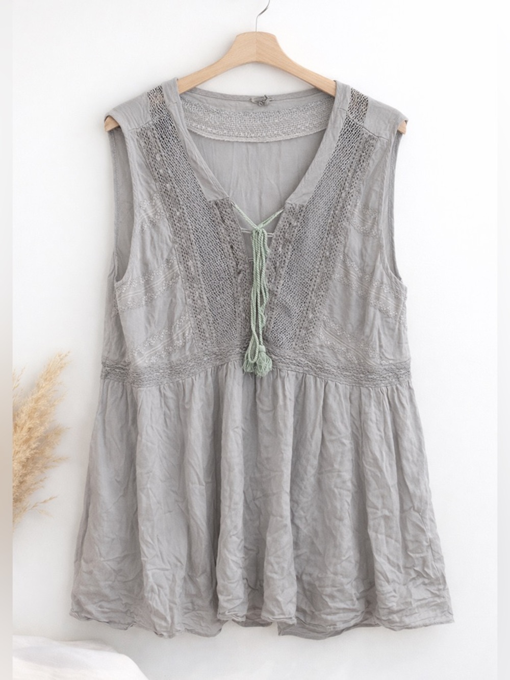 POL Boho Lace Tunic Top Gray Tassel Tie Front Flowy Festival Size M